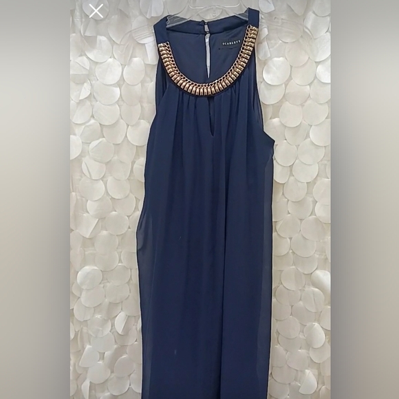 SCARLETT Cocktail Dress Sz 16 NAVY BLUE  GOLD CHAIN Neckline Sleeveless Keyhole - Picture 15 of 16